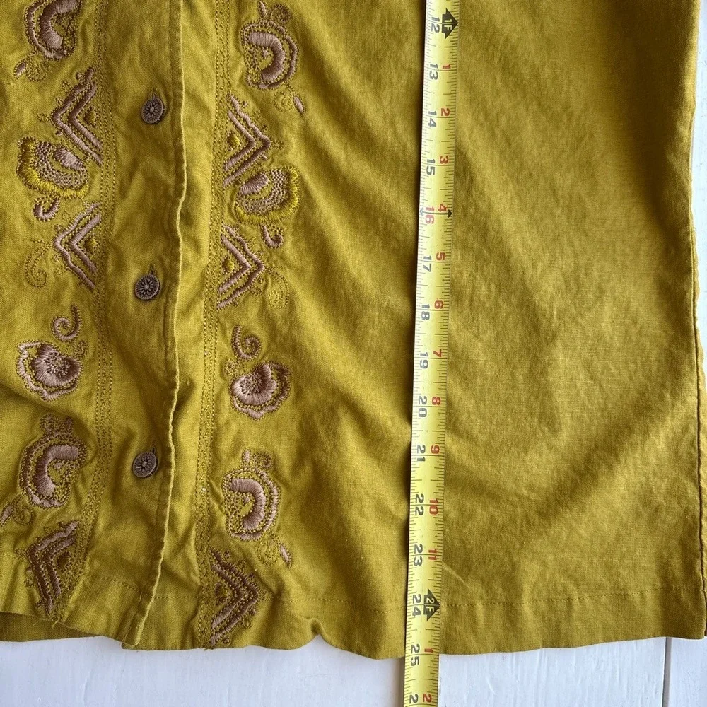 Womens 1X Shirt Mustard Yellow 90s Vintage Linen Blend Collar Embroidered Short - Picture 6 of 6
